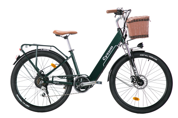 Cysum Vélo Électrique Cityrun,26 Pouces avec Dérailleur Shimano 7 Vitesses,36V 10Ah Batterie,Smart Urban E-Bike avec Panier,Pédalage Assisté,Adulte Unisexe